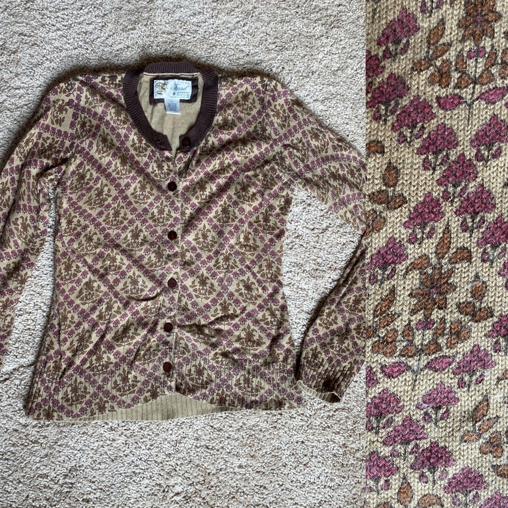 Floral Button Sweater Cardigan Fossil Pink Flowers Brown Top
